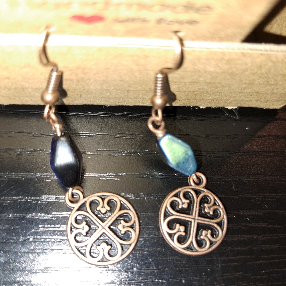 Irridescent Blue Trapezoid Bead & Celtic Design Copper Charm Dangle Earrings